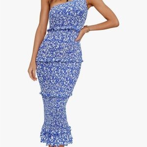 NWT Pretty Garden One Shoulder Midi Bodycon Floral Blue Women's Dress Size S